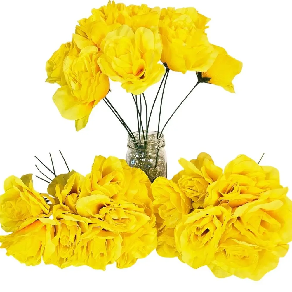 Yellow Artificial Silk Rose Flowers Wired Stems Wedding Craft 4